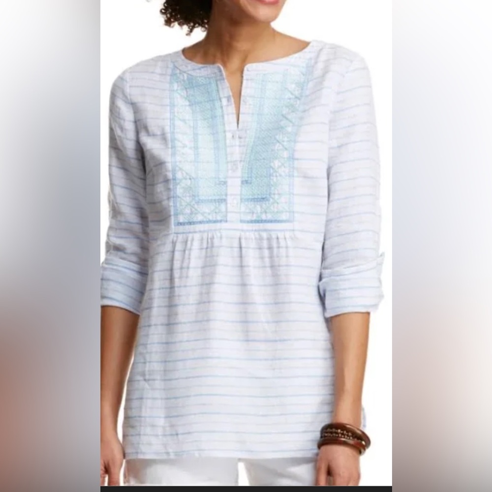 Vineyard Vines Beach Stripe Embroidered Linen Tunic Blouse Size 10